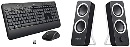 Logitech MK540 Wireless Keyboard and Mouse Combo - Black & Z200 PC Speakers, Stereo Sound, 10 Watts Peak Power, 2 x 3.5mm Inputs, Headphone Jack, Adjustable Bass - Midnight Black