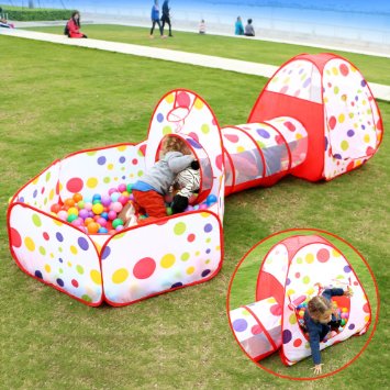 FocuSun Pop up Kids Play Tent with Tunnel and Ball Pit Indoor and Outdoor Easy Folding Cute Polka Dot 3 in 1 Play House Children's Playground with Zippered Storage Bag