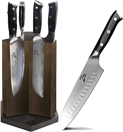 Magnetic Block and Damascus Kitchen Knife Set by Zelite Infinity - Alpha-Royal Japanese Series - Double-side rotating magnetic block, 6 Damascus chef knives