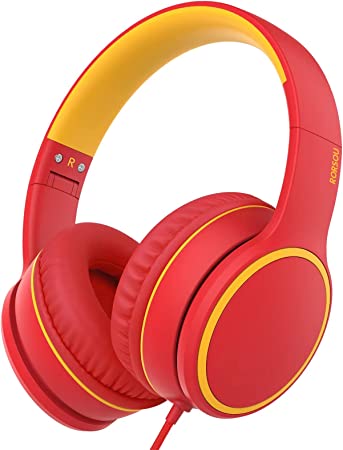RORSOU R10 On-Ear Headphones with Microphone, Lightweight Folding Stereo Bass Headphones with 1.5M No-Tangle Cord, Portable Wired Headphones for Smartphone Tablet Computer MP3 / 4 (Red)