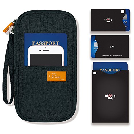P.travel Passport wallet cover / Travel clutch bag / Credit Card cash organizer / Passport Holder (Linene Black with RFID Stop)