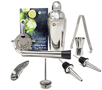 10 Piece - Professional Cocktail Set & Recipe book, includes Shaker, Steel Muddler, Bar Measures, Bar Spoon, Corkscrew, Strainer, Tongs & two Spouts