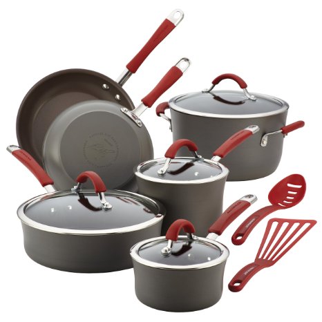 Rachael Ray Cucina Hard-Anodized Aluminum Nonstick Cookware Set 12-Piece Gray Cranberry Red Handles