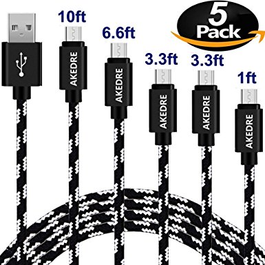 Micro USB Cable, AKEDRE 5Pack [10FT 6.6FT 3.3FT 3.3FT 1FT] Premium Nylon Braided High Speed Micro USB Cable Male To Micro B Sync And Durable Charging Cable for Samsung, HTC, Motorola,Android