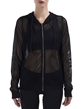 SPECIALMAGIC Mesh Jacket Women Fishnet Cover-up Relaxed Fit Long Sleeve Zipped Full Hooded Jacket