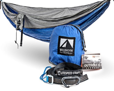 Outpost Camping Hammock With Adjustable LiteSpeed Cinch Buckle Suspension System- Includes 11' 100% Polyester Tree Straps, Wire Gate Carabiners- Single or Double Size- 100% Ripstop Parachute Nylon