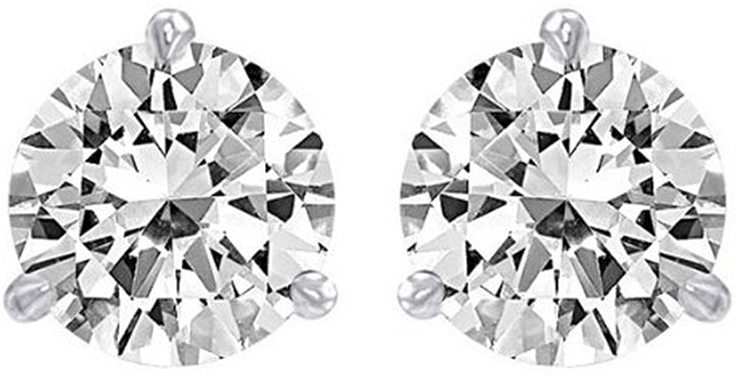 3/4 Carat Ideal Cut Diamond Stud Earrings 14K White Gold Round Brilliant Shape 3 Prong Push Back (H-I Color, I2 Clarity)