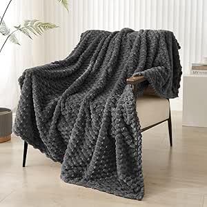 PHF Ultra Soft Flannel Fleece Throw Blanket, Lightweight 3D Jacquard Fleece Blanket, No Shedding, No Pilling, Luxury 340GSM Aesthetic Fluffy Cozy Blanket for Couch Room Decor, 50"x60", Dark Grey