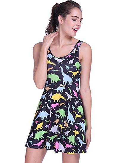 Fancyqube Women's Summer Sleeveless Cute Print Mini Flare Dress