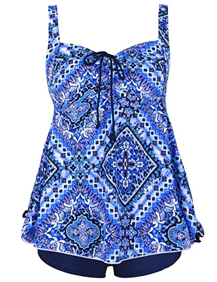 Hilor Women's Plus Size Floral Halter Tankini Set Two Piece Swimsuit