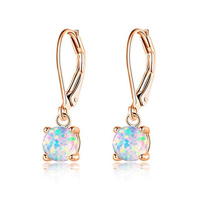 CiNily Round-Cut Opal Dangle Earrings, Blue/White/Pink/Green/Black Fire Opal Rhodium Plated Women Jewelry leverback Gems Drop Earrings