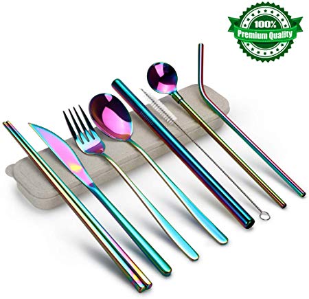 Travel Utensils Portable Cutlery Set Eco Utensils Camping Silverware Set Reusable Flatware 9 Pieces Utensil Set Silver-Stainless Steel Knife/Fork/Spoon/Chopsticks/Cleaning Brush/Straws/Portable Case