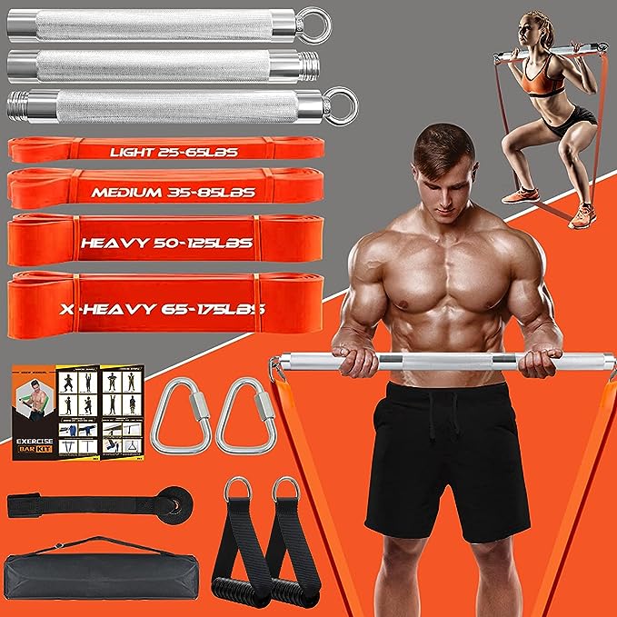 Portable Extra Heavy Home Gym Resistance Band Bar Set with 4 Stackable Resistance Bands,Detachable Full Body Workout Equipment Exercise Bar Kit,500LBS 98cm Longer Bar With Bands,Workout Guide Included