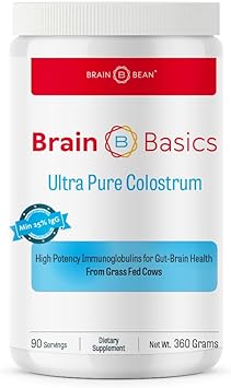 Brain Basics Ultra-Pure Colostrum, 4000mg per Serving, Min 25% IgG antibodies, Gut-Brain-Immune Health, Glowing Hair and Skin. Colostrum Powder from Grass-Fed Cows. 360 Grams - 90 Servings