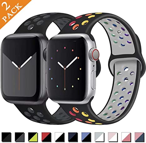 GBPOOT Sport Watch Band Compatible with Apple Watch Band 38mm 40mm 42mm 44mm,Soft Silicone Wristband for Iwatch Series 5,Series 4,Series 3,Series 2,Series 1,2pack