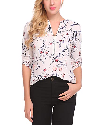 Women Blouses Shirts Floral Long Sleeve Chiffon Casual Tops Zip Up Sexy Classic for Work