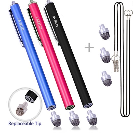 MEKO(TM) Premium Branded (3-Pack) Replaceable 0.3inch Micro-Fiber Tip Stylus 5.5" L Bundle With 3 Replacement Tips, 2 Lanyards - (Black/Hot Pink/Blue)