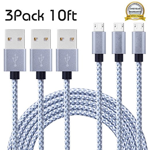 Airsspu Micro USB Cable,3Pack 10FT Extra Long Nylon Braided High Speed Android Charger USB to Micro USB Cable Samsung Fast Charger Charging Cord for Samsung Galaxy S7 Edge/S6/S5/S4/Note 5/Note 4(Gray)