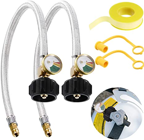 2 Packs 1/4inch Inverted RV Propane Hose Connector with Gauge 18inch Stainless Steel Braided RV Pigtail Hose for Standard Two-Stage Regulator with 2 Pieces Dust Covers and Gas Line Thread Seal Tape