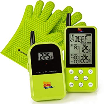 Dual Probe Barbecue Smoker Meat Thermometer Set - Newest Version with a Larger Display and Added Features – Monitors your grill up to 300 feet (Et-733) and Silicone Gloves in Green
