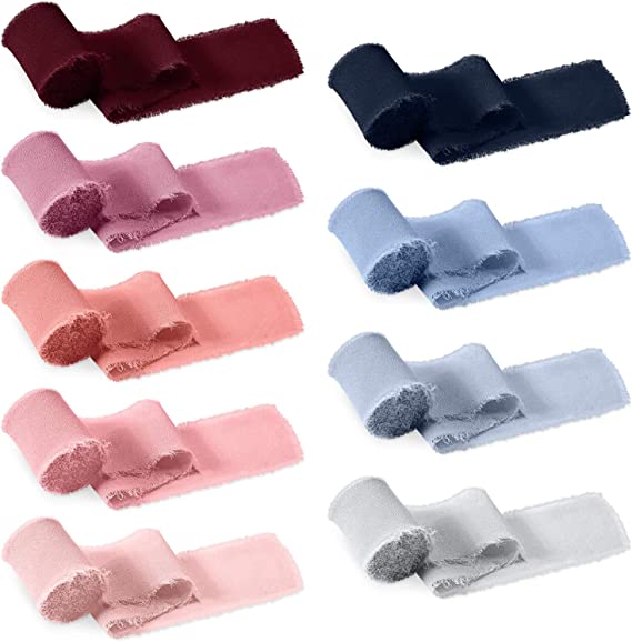 9 Rolls Chiffon Fringe Ribbon Handmade Chiffon Ribbon Silk-Like Frayed Edges Ribbon 3 Yards for Wedding Invitation, Bouquets, DIY Crafts Wrapping Decorations (1.5 Inch Wide)