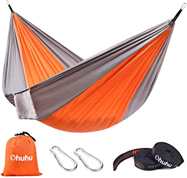 Upgraded Camping Hammock, Ohuhu Lightweigtht Single & Double Hammocks with Tree Straps, Nylon Parachute Hammock for Backpacking, Travel, Beach, Portable, 115"(L) x 55"(W)