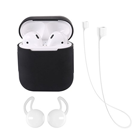 3 Pieces Airpods Accessories Set, Bandmax Airpods Case&Ear Hooks&Anti-lost Strap Protective Silicone Cover Skin for Airpods Charging Case(Black)