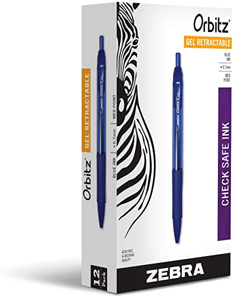 Zebra Pen Orbitz Gel Retractable Rollerball Pen, Medium Point, 0.7mm, Blue Ink, 12-Count