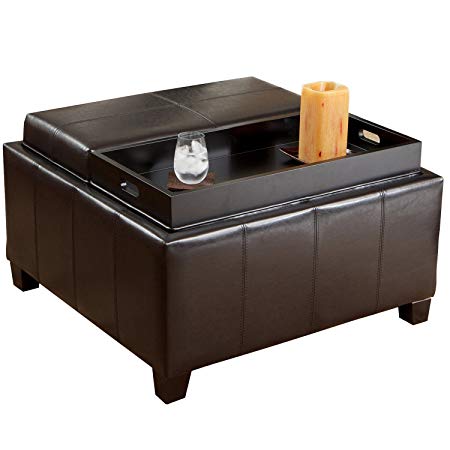 Mansfield Leather Espresso Tray Top Storage Ottoman Two Flip-Over Lids As Serving Trays