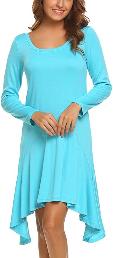 ACEVOG Womens Casual Solid Dress Long Sleeves Irregular Hem Loose Fit Dress