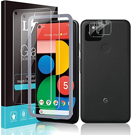 LϟK 4 Pack Screen Protector for Google Pixel 5 with 2 Pack Camera Lens Protector and 2 Pack Tempered Glass - HD Clear 9H Hardness Bubble Free Case Friendly Alignment Frame Screen Protective Film