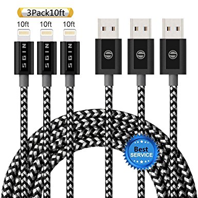 iPhone Cable SGIN,3Pack 10FT Nylon Braided Cord Lightning Cable Certified to USB Charging Charger for iPhone 7,7 Plus,6S,6 Plus,SE,5S,5,iPad,iPod Nano 7 - BlackGrey