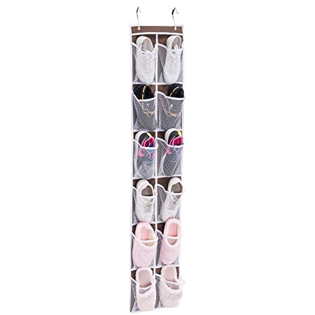 Over the Door Shoe Organizer, MaidMAX 12 Pockets Single-sided Hanging Shoe Organizer Storage Rack with Hooks, 12"W x58"H, Brown