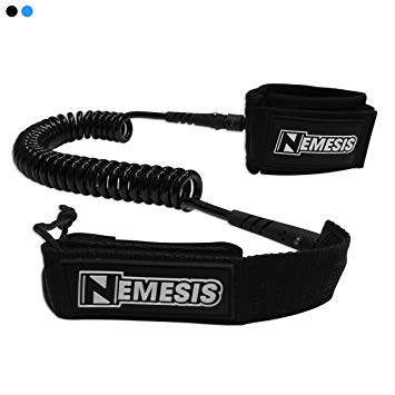 Own the Wave Super PREMIUM 10’ COILED ‘Nemesis’ SUP Leash by with Double Stainless Steel Swivels and Triple Rail Saver – Choose Black or Blue
