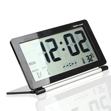eBoTrade Dirct® Multifunction Silent LCD Digital Large Screen Travel Desk Electronic Alarm Clock, Date/Time/Calendar/Temperature Display, Snooze, Folding Black & Silver