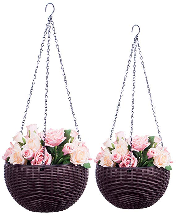 Foraineam 2-Pack Dual-pots Design Hanging Basket Planters Self-Watering Indoor Outdoor Plant & Flower Hanging Pots with Drainer and Chain, 2 Size Assorted