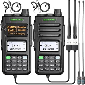 1Pair BAOFENG GMRS Radio GM-15 Pro,Long Range Two Way Radio Rechargeable,NOAA Weather Receiver & Scan Radio with extra AR-771 Antenna USB-C Charger Cable Headsets