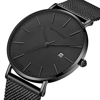 BETFEEDO Men's Wrist Watch, Black Fashion Date Slim Analog Quartz Watches with Stainless Steel Mesh Band
