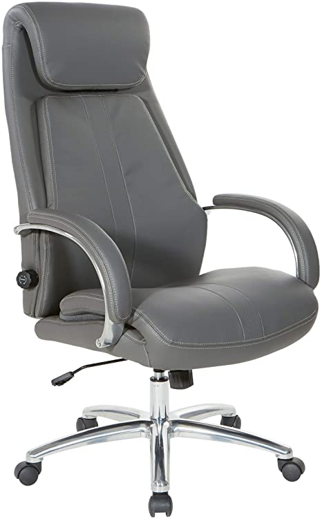 Office Star Bonded Leather Executive Chair with Padded Polished Aluminum Arms and Chrome Base, Grey