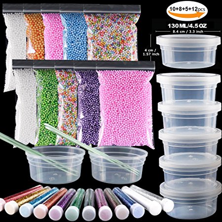 35 Pack Slime Making kit, Including 10 Pack Color Foam balls, 8 Pcs 4.5 oz Slime Containers, 12 Bottles Glitter Powder, 5 Pcs Glue Mixing Spoons for Slime Making Craft