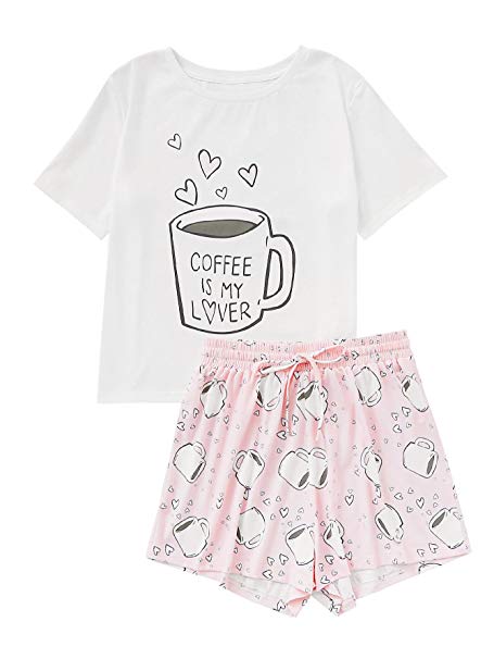 DIDK Women's Cute Cartoon Print Tee and Shorts Pajama Set