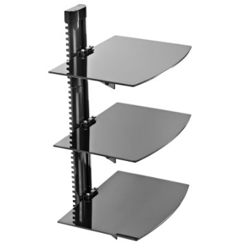 Mount Factory - Adjustable Wall Mount  Glass Floating DVD Component Shelf - 3 Tier - Black