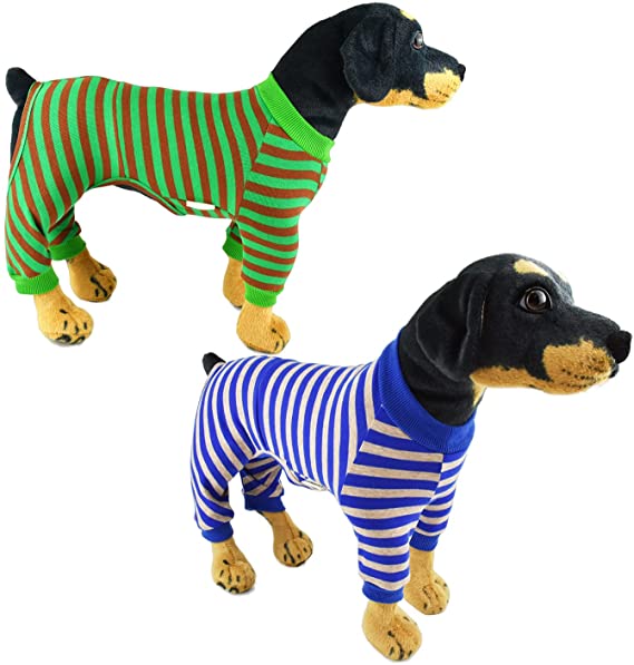 2 Pack Dog Pajamas Striped Soft Wool, Pet Dog Jumpsuits, Dog Cat Pjs Stretchable, Pet Dog Comfy Soft Pajamas Jumpsuit, Dog Clothes Four-Legged for Small Medium Dogs, Green & Blue