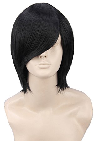 Women or Men Wigs Short Straight Synthetic Cosplay Wig With Bangs As Real Hair (Black)