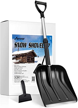 MOVTOTOP Snow Shovel for Car, Portable Snow Shovel with Ajustable Handle and Durable Aluminum Edge Blade for Snow Removal, 35.4-Inch Snow Shovel for Driveway, Car, with Ice Scraper (Black)