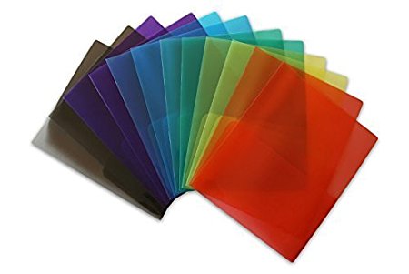 STEMSFX Clear Lightweight Plastic 2 Pocket Folder (Pack of 12 Assorted Colors) For Letter Size Papers, Includes Business Card Slot
