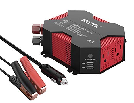 BESTEK 400W/500W Car Power Inverter DC 12V to AC 110V Car Inverter with 4 USB Charging Ports, Power Converter with 2 AC Outlets and Car Battery Clip Car Charger, Car Adapter (Upgrade Version)