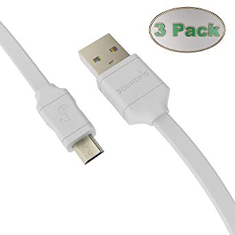 Soundpie 3 Pack 3 Amp Flat Micro USB Cable 3.3ft (1m) - Micro B to USB A 2.0 High Speed - 22AWG power rated Fast Data Sync Charging Cord ¨C Charge Cable Android Smartphone, Cell Phone & Tablet (White)