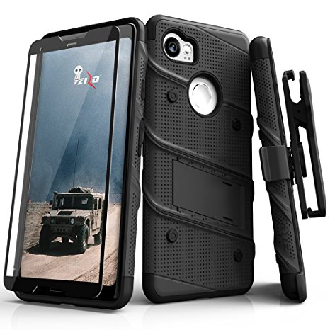 Zizo Bolt Series Google Pixel 2 XL Case - Tempered Glass Screen Protector with Holster and 12ft Military Grade Drop Tested (Black & Black)