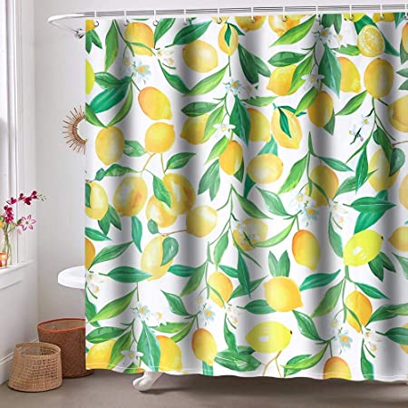Urijk Shower Curtain Polyester Fabric Lemon Shower Curtain Waterproof Machine Washable for Bathroom with 12 Hooks 71×71 Inch
